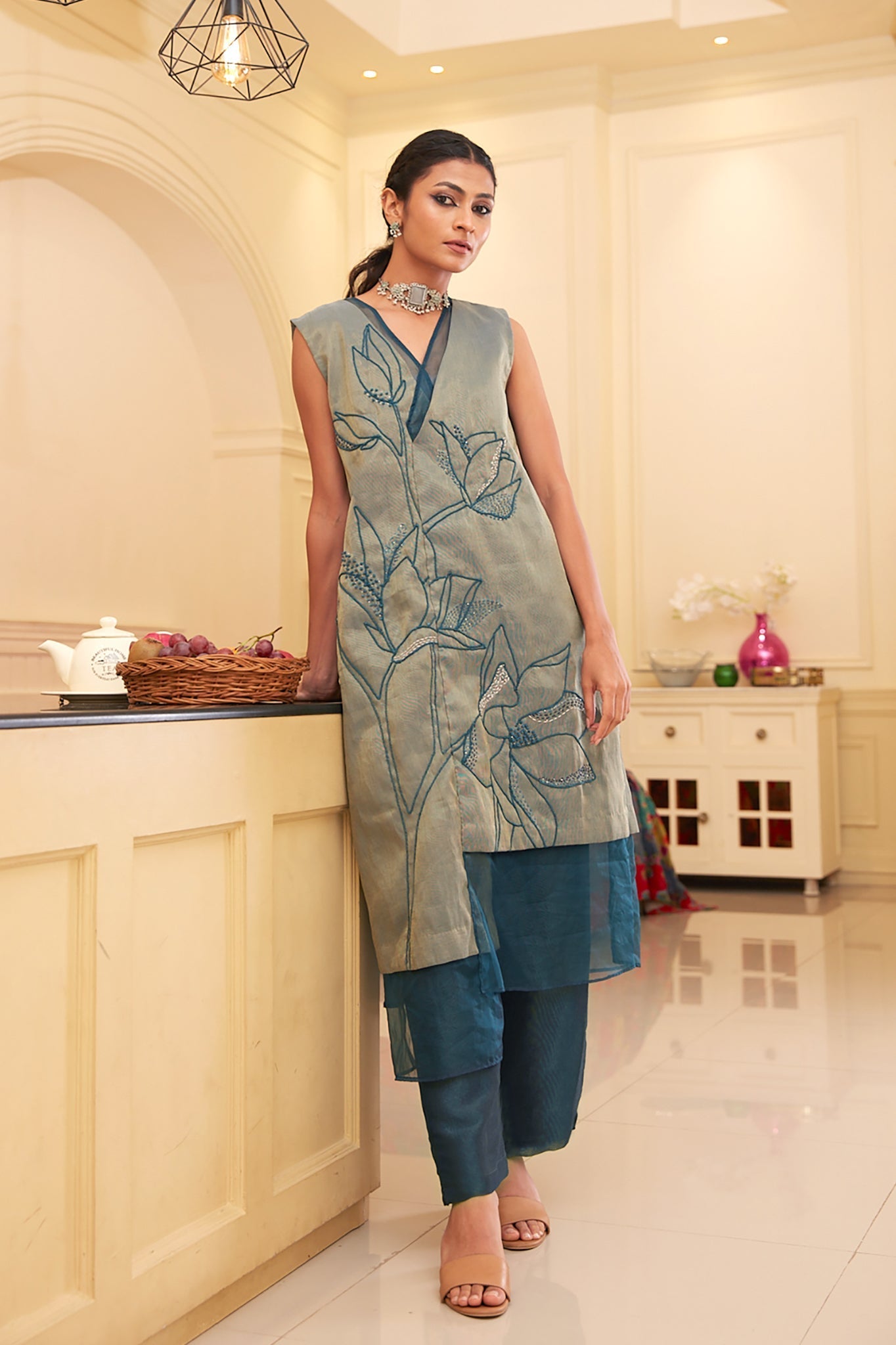 Blue Silk Organza Asymetrical Kurta Pant Set by Chambray & Co. with Blue, Chambray & Co, Embroidered, Indian Wear, Kurta Pant Sets, Natural, Organza, Party Wear, Regular Fit, Taabir, Womenswear at Kamakhyaa for sustainable fashion
