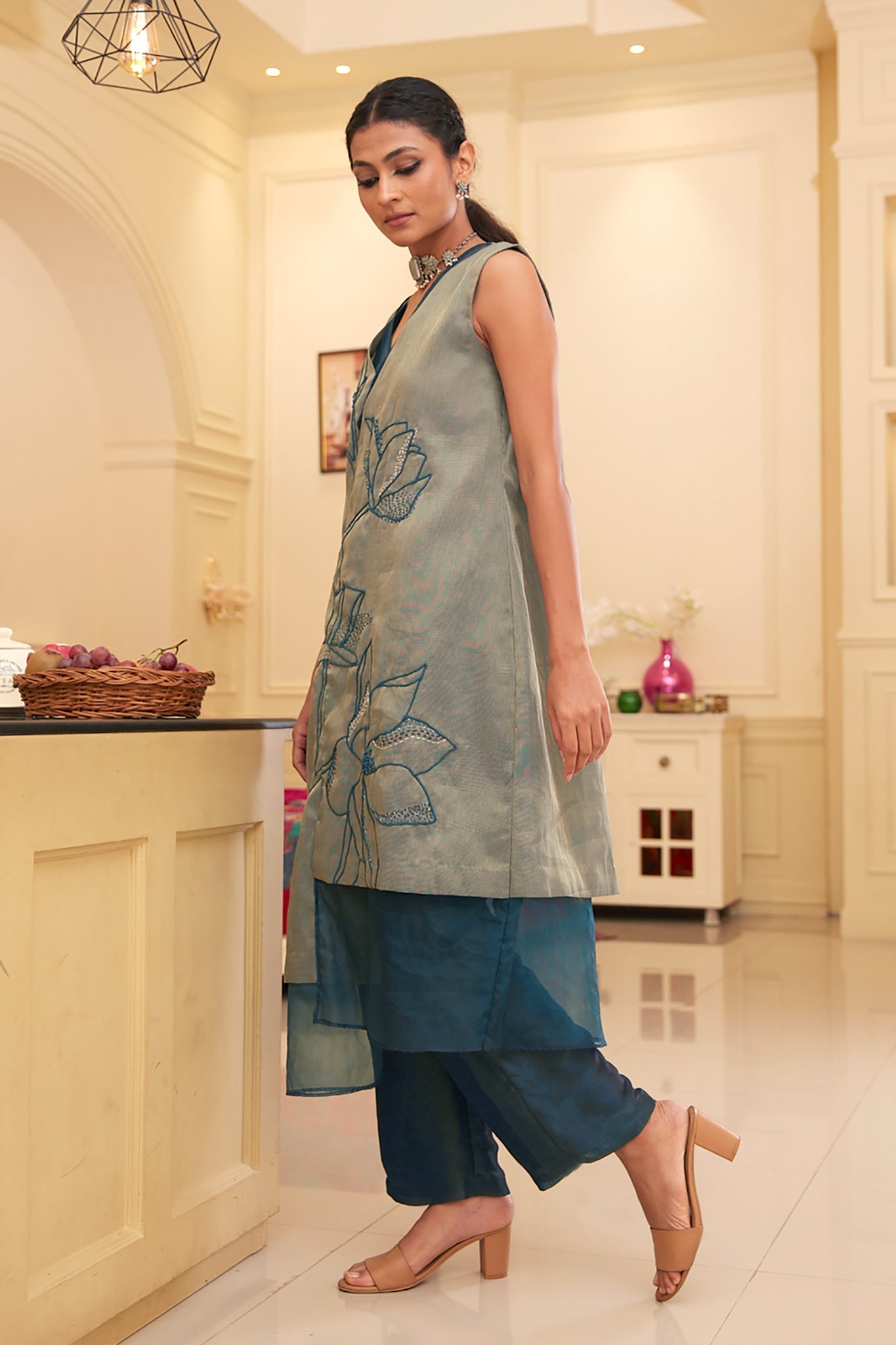 Blue Silk Organza Asymetrical Kurta Pant Set by Chambray & Co. with Blue, Chambray & Co, Embroidered, Indian Wear, Kurta Pant Sets, Natural, Organza, Party Wear, Regular Fit, Taabir, Womenswear at Kamakhyaa for sustainable fashion