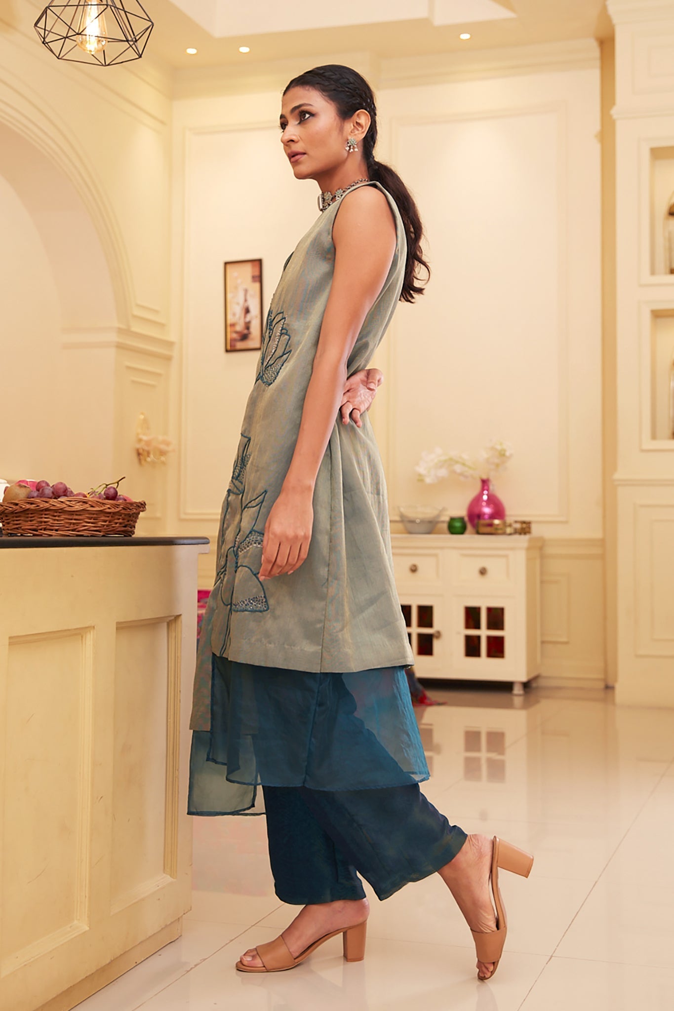 Blue Silk Organza Asymetrical Kurta Pant Set by Chambray & Co. with Blue, Chambray & Co, Embroidered, Indian Wear, Kurta Pant Sets, Natural, Organza, Party Wear, Regular Fit, Taabir, Womenswear at Kamakhyaa for sustainable fashion