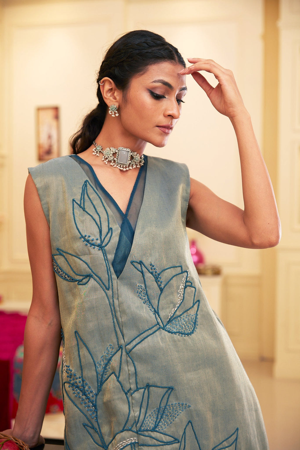 Blue Silk Organza Asymetrical Kurta Pant Set by Chambray & Co. with Blue, Chambray & Co, Embroidered, Indian Wear, Kurta Pant Sets, Natural, Organza, Party Wear, Regular Fit, Taabir, Womenswear at Kamakhyaa for sustainable fashion