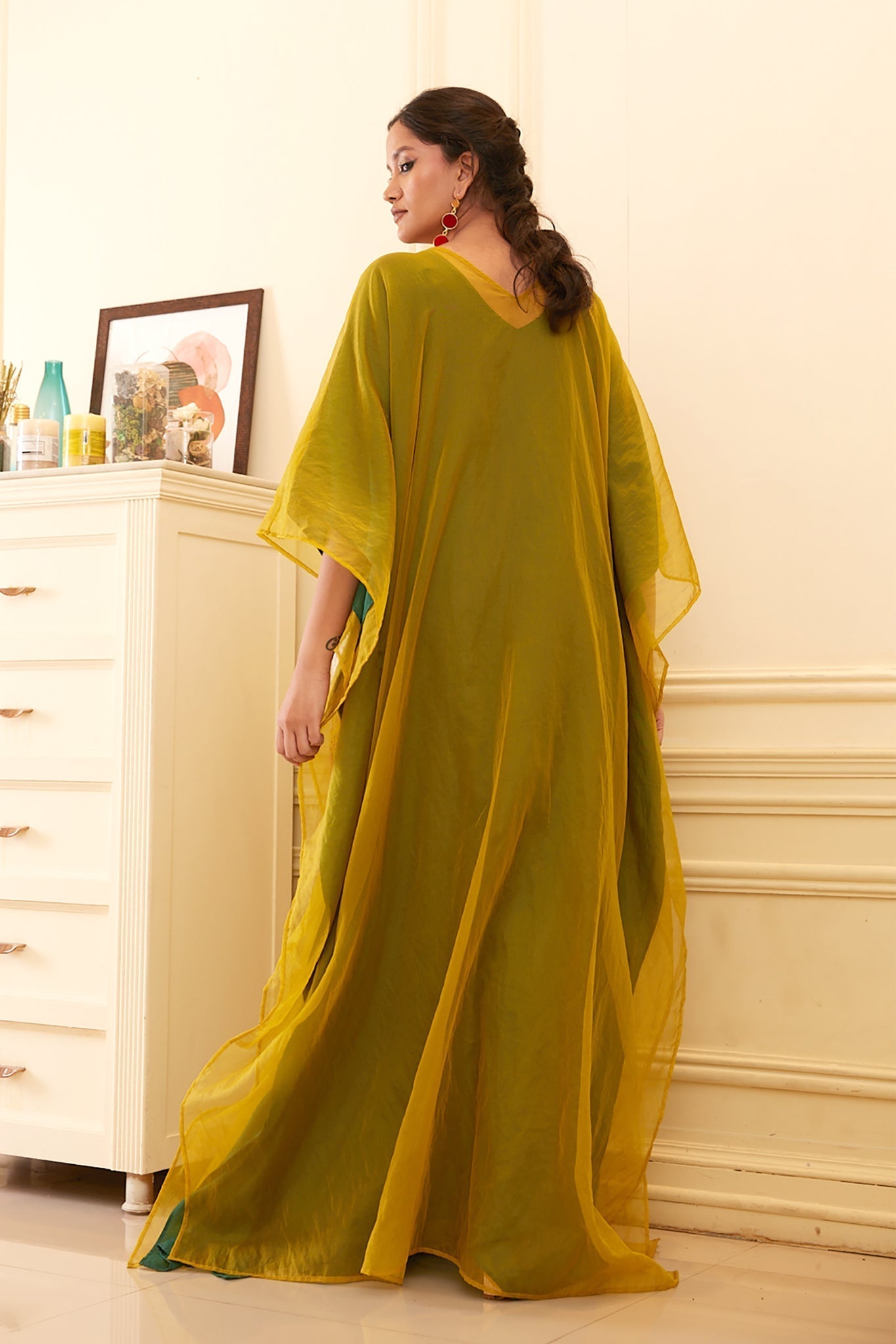 Green Silk Organza Kaftan Dress by Chambray & Co. with Chambray & Co, Dress Sets, Dresses, Embroidered, Green, Natural, Organza, Party Wear, Relaxed Fit, Taabir, Womenswear at Kamakhyaa for sustainable fashion