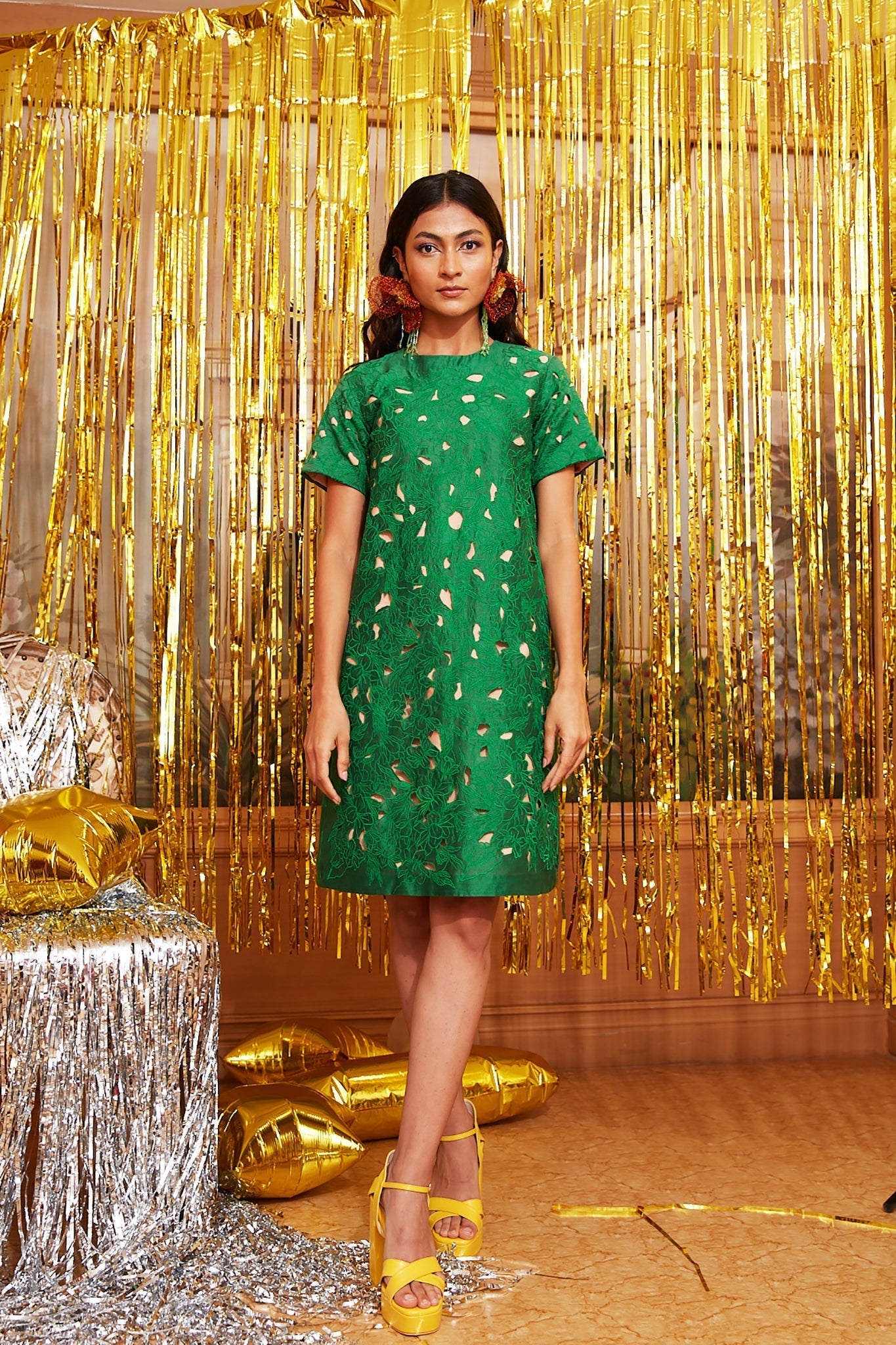 Green Chanderi Silk Cutwork Dress by Chambray & Co. with Chambray & Co, Chanderi Silk, Dress Sets, Dresses, Embroidered, Green, Moon Child, Natural, Party Wear, Regular Fit, Womenswear at Kamakhyaa for sustainable fashion