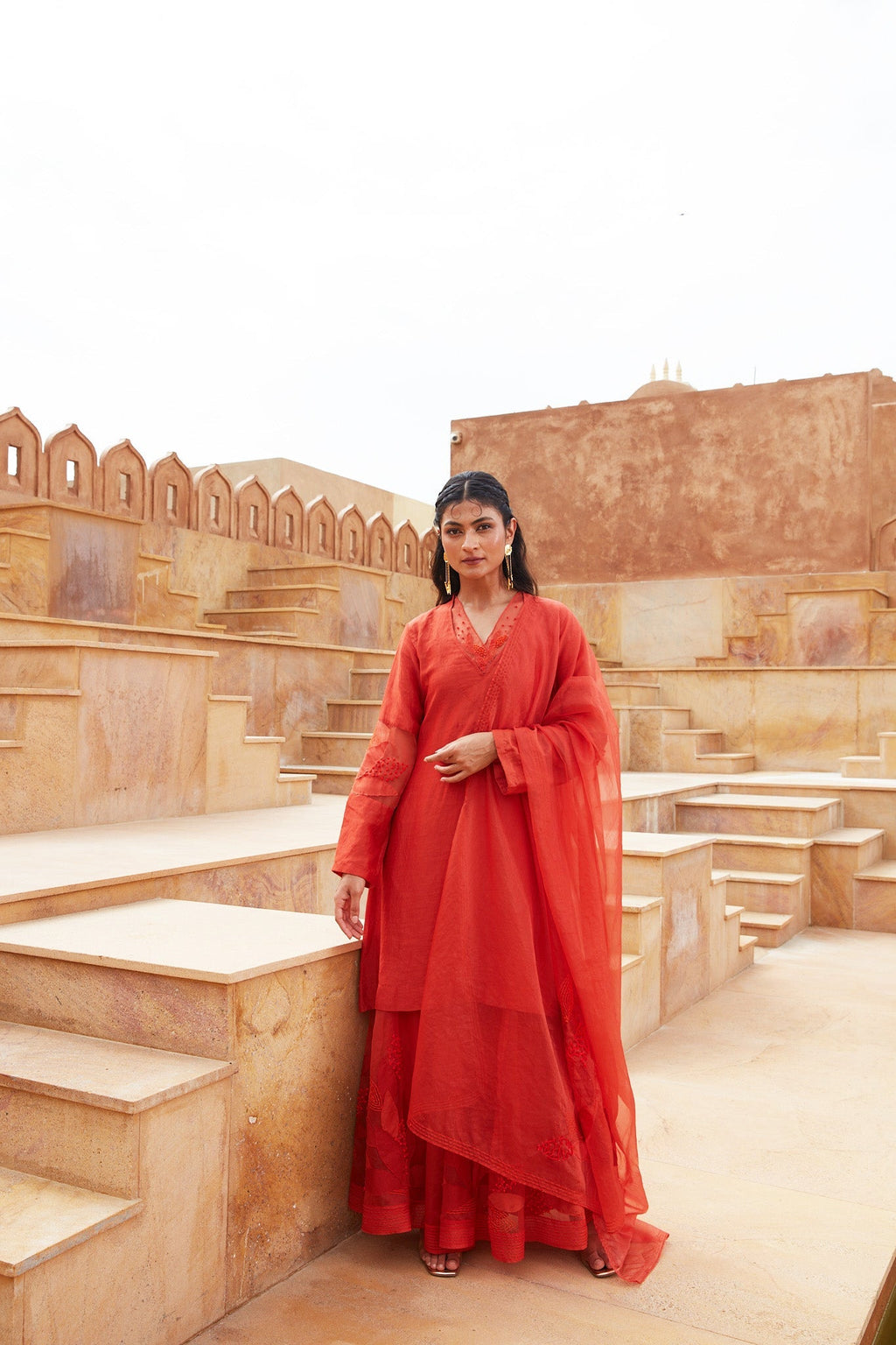 Orange Silk Organza Sharara Set by Chambray & Co. with Chambray & Co, Embroidered, Indian Wear, Natural, Orange, Party Wear, Regular Fit, Riwayat, Sharara and Gharara Sets, Silk, Womenswear at Kamakhyaa for sustainable fashion