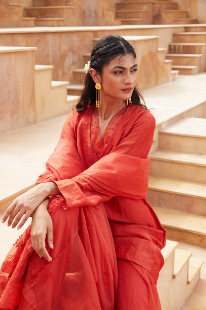 Orange Silk Organza Sharara Set by Chambray & Co. with Chambray & Co, Embroidered, Indian Wear, Natural, Orange, Party Wear, Regular Fit, Riwayat, Sharara and Gharara Sets, Silk, Womenswear at Kamakhyaa for sustainable fashion