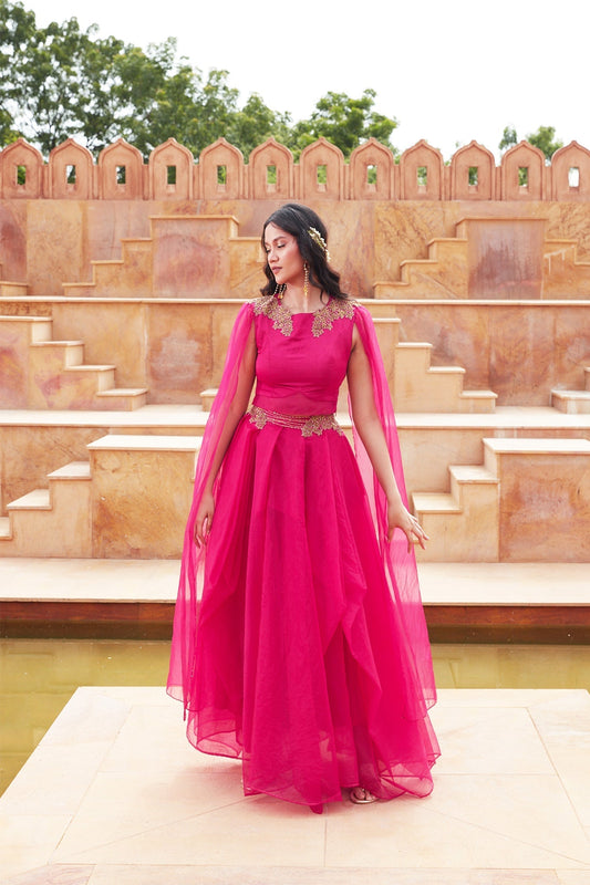 Pink Silk Organza Lehenga With Embroided Shoulders by Chambray & Co. with Chambray & Co, Embroidered, Indian Wear, Lehenga Sets, Natural, Organza, Party Wear, Pink, Regular Fit, Riwayat, Womenswear at Kamakhyaa for sustainable fashion