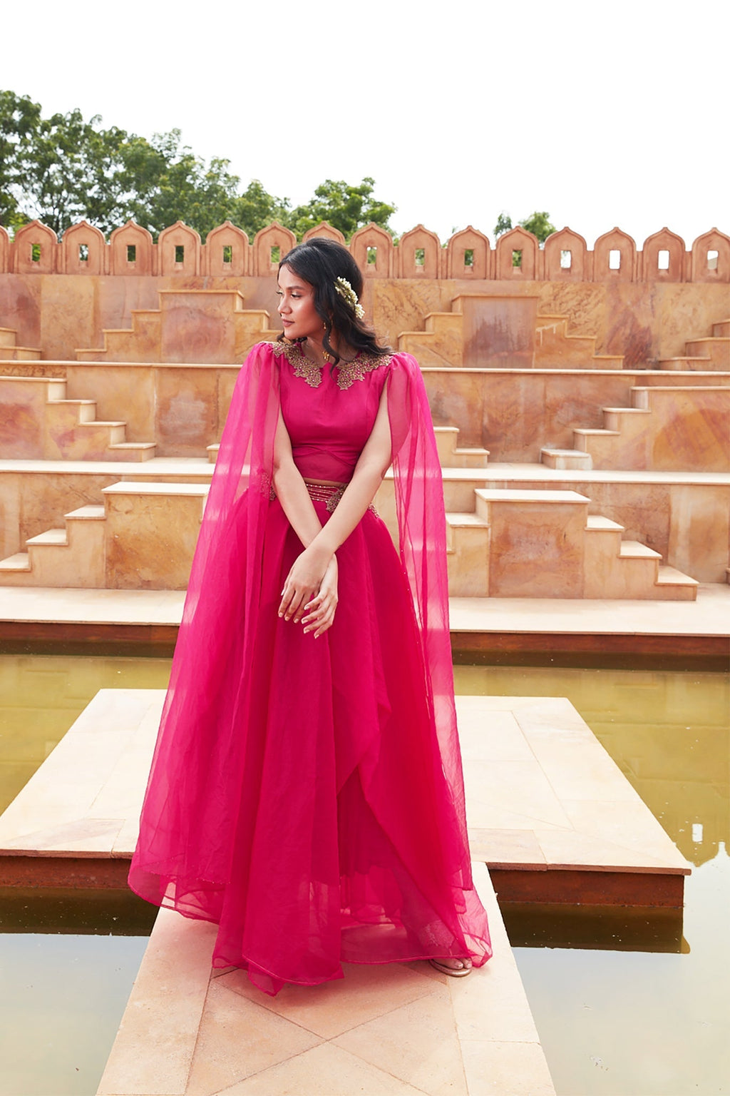 Pink Silk Organza Lehenga With Embroided Shoulders by Chambray & Co. with Chambray & Co, Embroidered, Indian Wear, Lehenga Sets, Natural, Organza, Party Wear, Pink, Regular Fit, Riwayat, Womenswear at Kamakhyaa for sustainable fashion