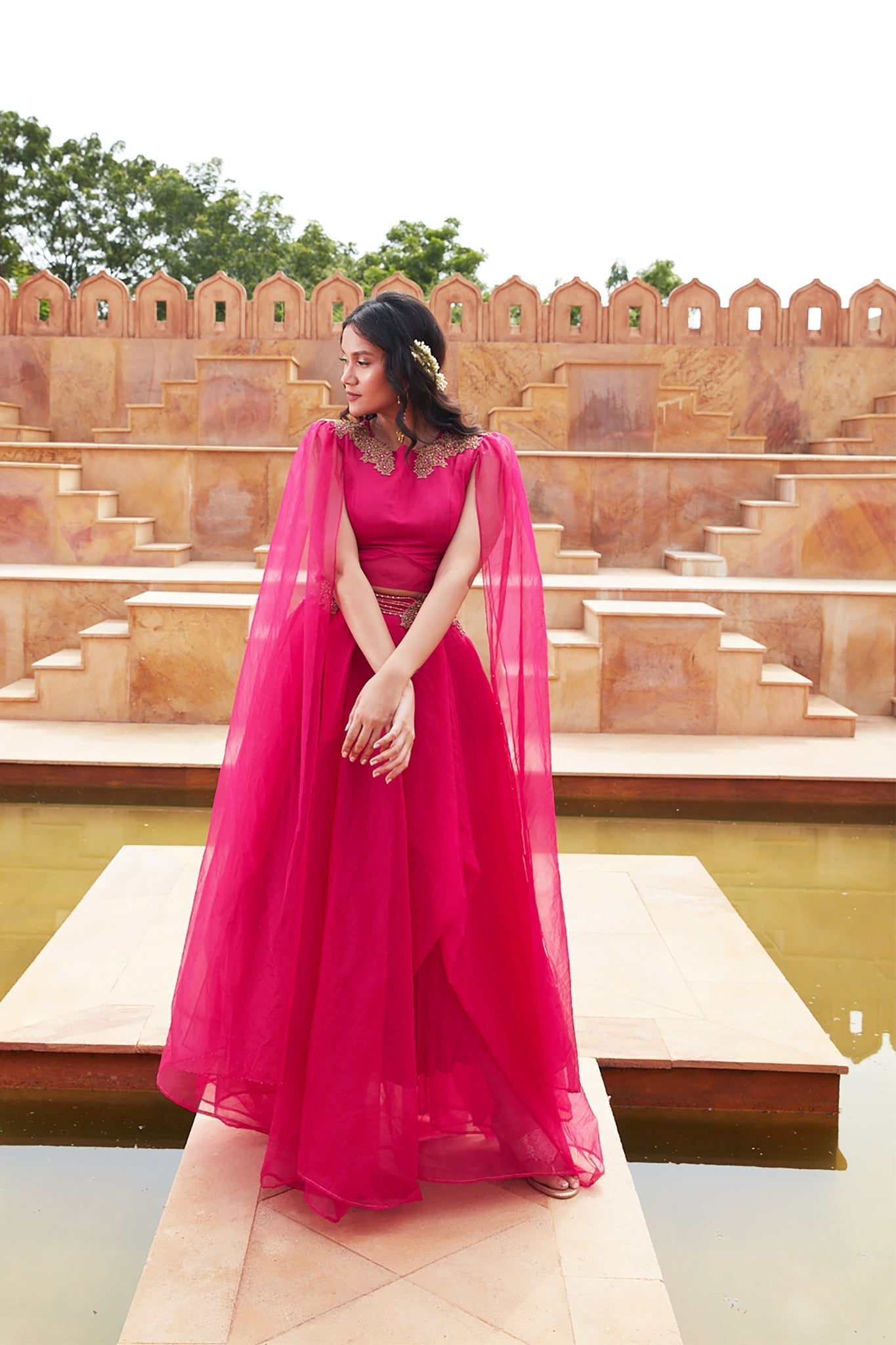 Pink Silk Organza Lehenga With Embroided Shoulders by Chambray & Co. with Chambray & Co, Embroidered, Indian Wear, Lehenga Sets, Natural, Organza, Party Wear, Pink, Regular Fit, Riwayat, Womenswear at Kamakhyaa for sustainable fashion
