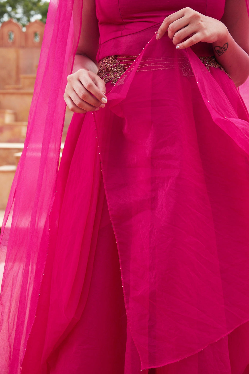 Pink Silk Organza Lehenga With Embroided Shoulders by Chambray & Co. with Chambray & Co, Embroidered, Indian Wear, Lehenga Sets, Natural, Organza, Party Wear, Pink, Regular Fit, Riwayat, Womenswear at Kamakhyaa for sustainable fashion
