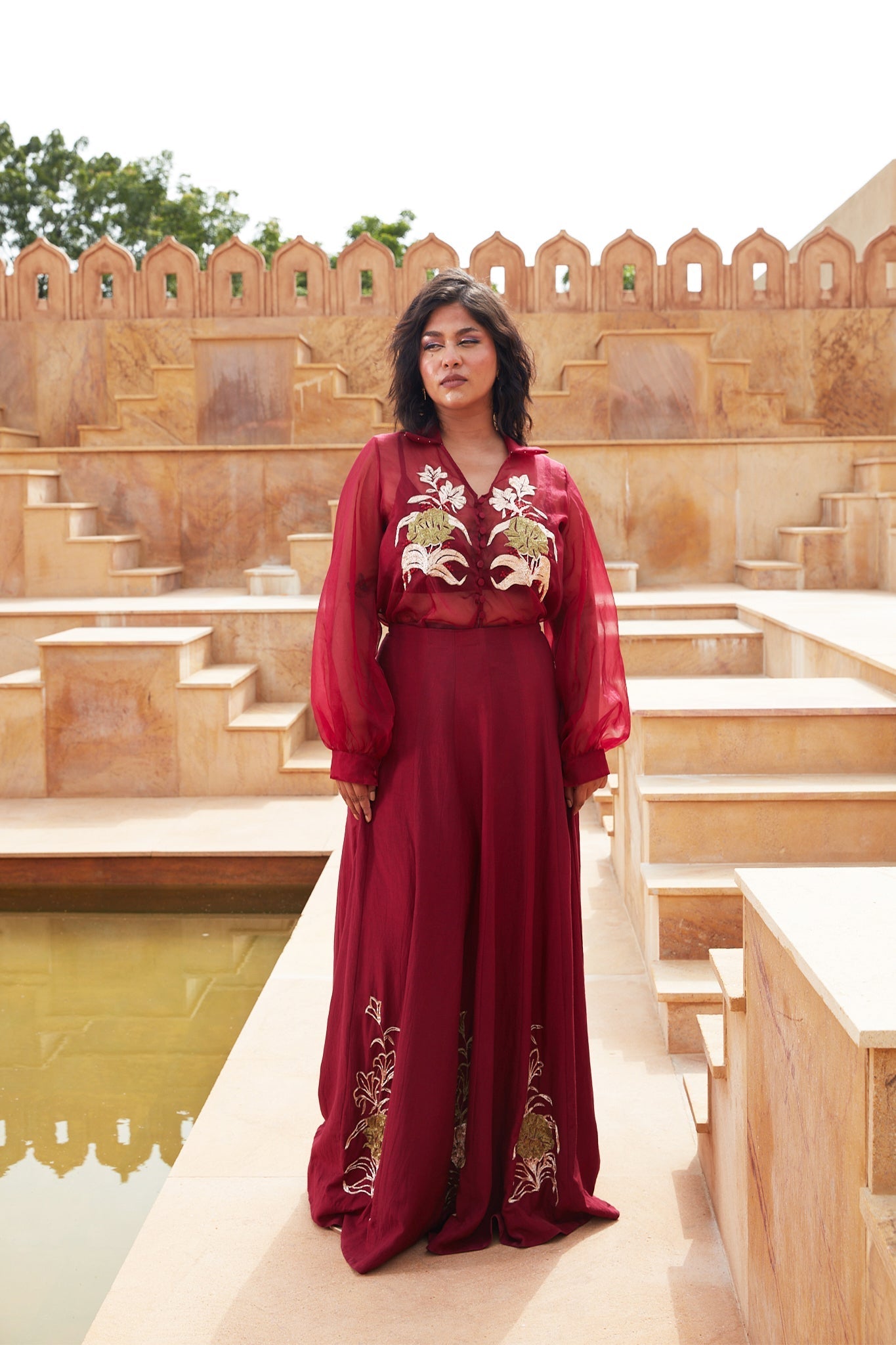 Red Silk Organza Lehenga with Jacket by Chambray & Co. with Chambray & Co, Embroidered, Indian Wear, Lehenga Sets, Natural, Organza, Party Wear, Red, Regular Fit, Riwayat, Womenswear at Kamakhyaa for sustainable fashion