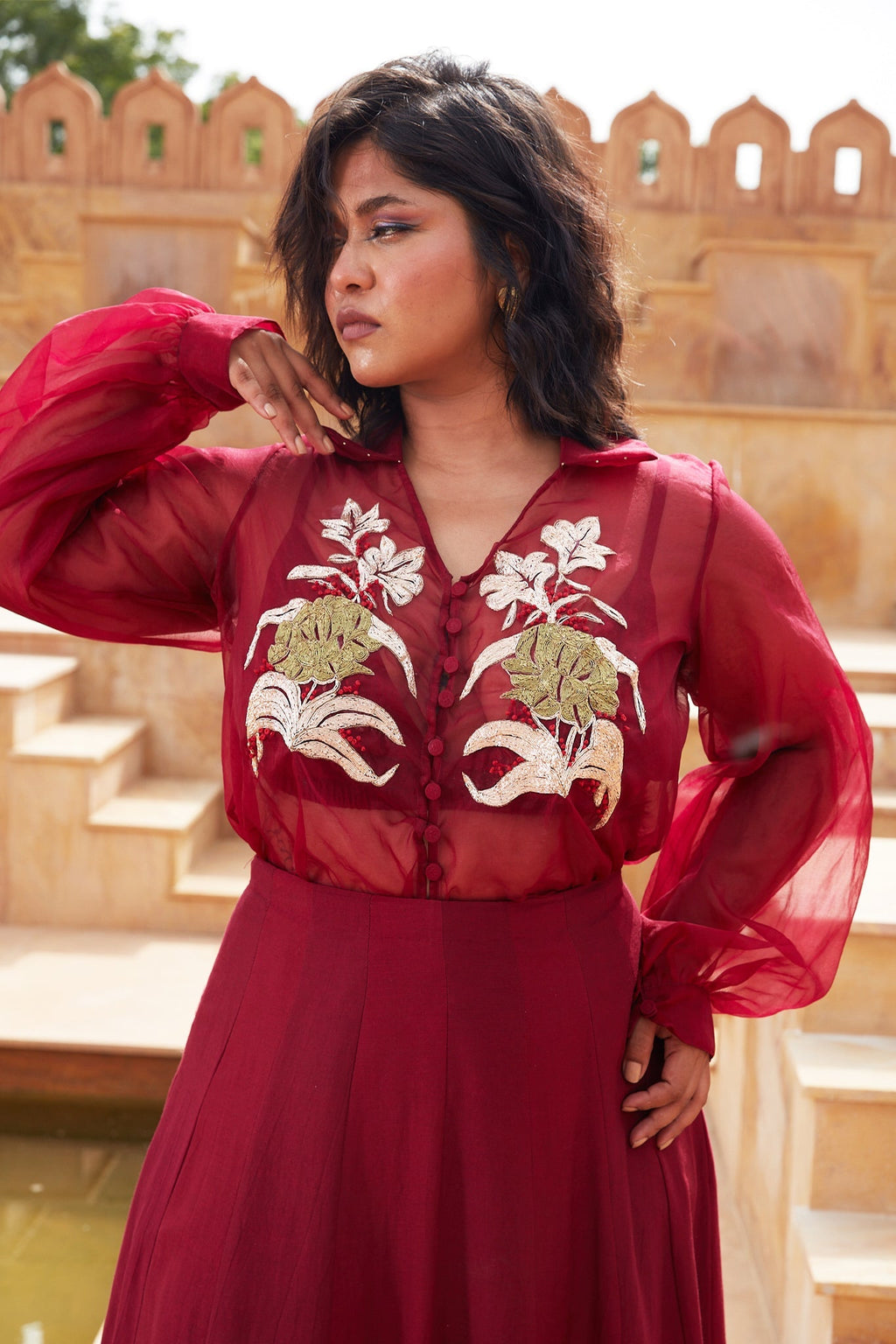 Red Silk Organza Lehenga with Jacket by Chambray & Co. with Chambray & Co, Embroidered, Indian Wear, Lehenga Sets, Natural, Organza, Party Wear, Red, Regular Fit, Riwayat, Womenswear at Kamakhyaa for sustainable fashion