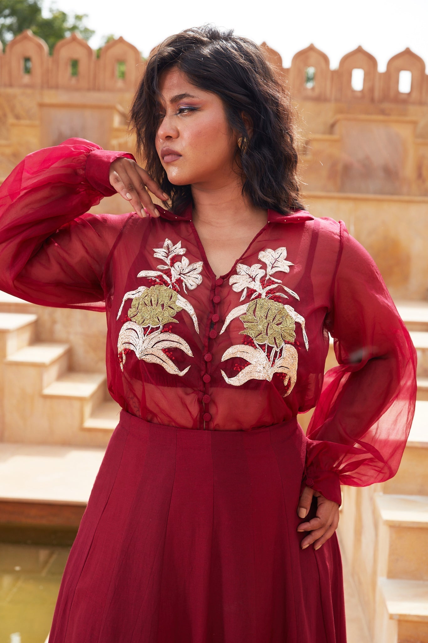 Red Silk Organza Lehenga with Jacket by Chambray & Co. with Chambray & Co, Embroidered, Indian Wear, Lehenga Sets, Natural, Organza, Party Wear, Red, Regular Fit, Riwayat, Womenswear at Kamakhyaa for sustainable fashion