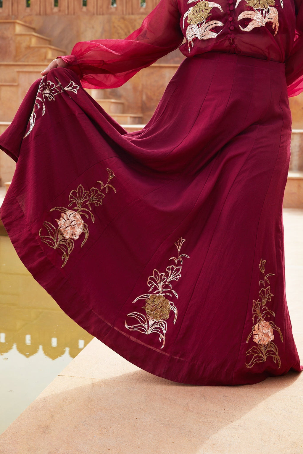 Red Silk Organza Lehenga with Jacket by Chambray & Co. with Chambray & Co, Embroidered, Indian Wear, Lehenga Sets, Natural, Organza, Party Wear, Red, Regular Fit, Riwayat, Womenswear at Kamakhyaa for sustainable fashion