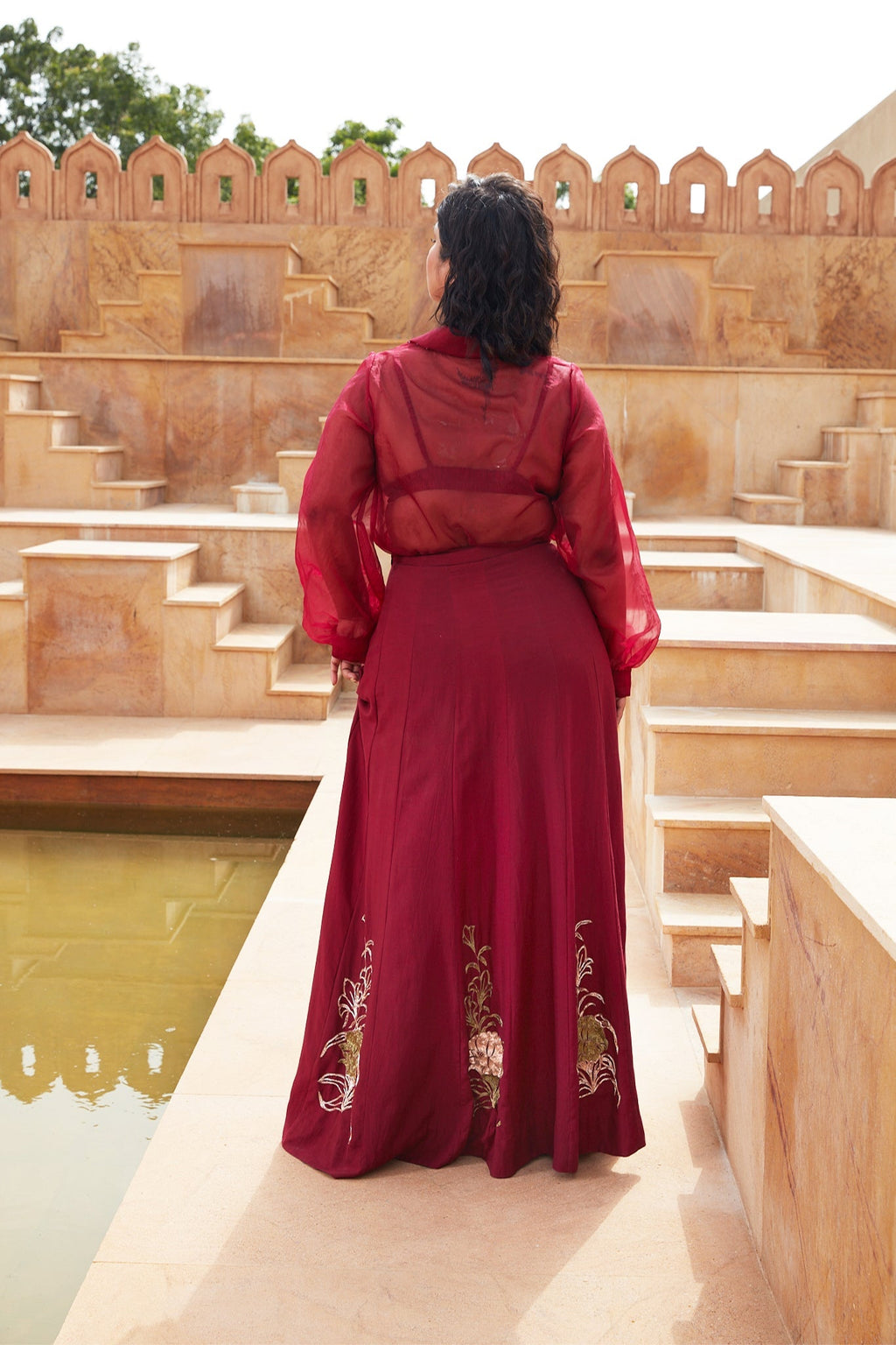 Red Silk Organza Lehenga with Jacket by Chambray & Co. with Chambray & Co, Embroidered, Indian Wear, Lehenga Sets, Natural, Organza, Party Wear, Red, Regular Fit, Riwayat, Womenswear at Kamakhyaa for sustainable fashion