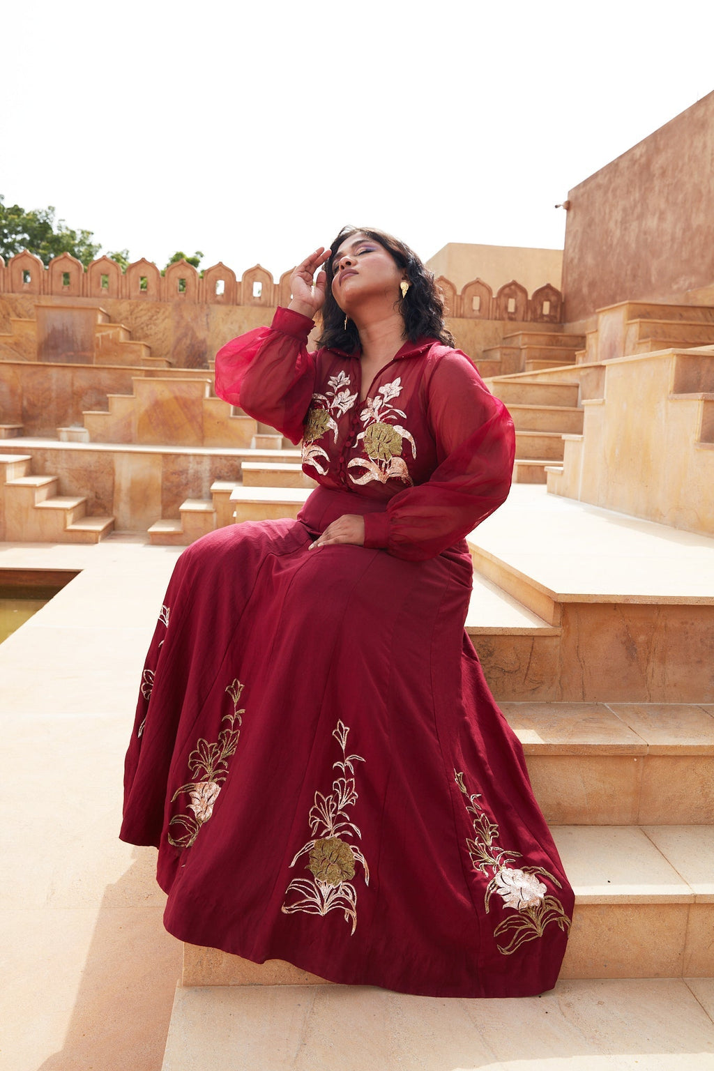 Red Silk Organza Lehenga with Jacket by Chambray & Co. with Chambray & Co, Embroidered, Indian Wear, Lehenga Sets, Natural, Organza, Party Wear, Red, Regular Fit, Riwayat, Womenswear at Kamakhyaa for sustainable fashion