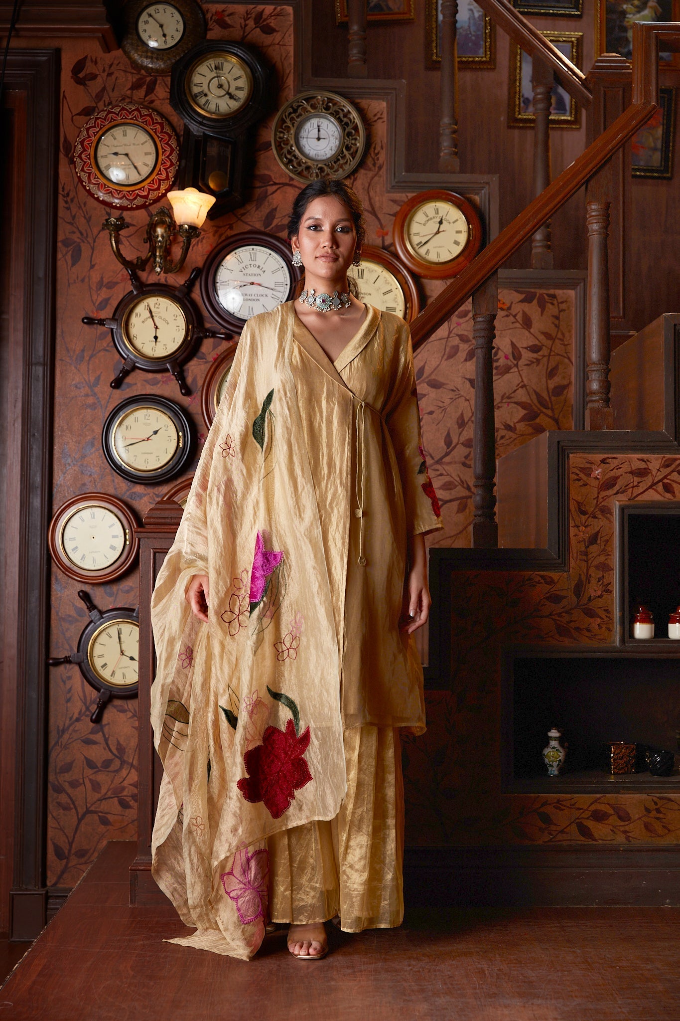 Gold Banarasi Silk Sharara With Velvet Applique Work by Chambray & Co. with Chambray & Co, Embroidered, Gold, Indian Wear, Natural, Party Wear, Regular Fit, Riwayat, Sharara and Gharara Sets, Silk, Womenswear at Kamakhyaa for sustainable fashion