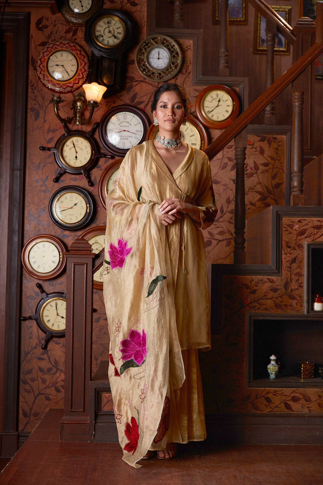 Gold Banarasi Silk Sharara With Velvet Applique Work by Chambray & Co. with Chambray & Co, Embroidered, Gold, Indian Wear, Natural, Party Wear, Regular Fit, Riwayat, Sharara and Gharara Sets, Silk, Womenswear at Kamakhyaa for sustainable fashion