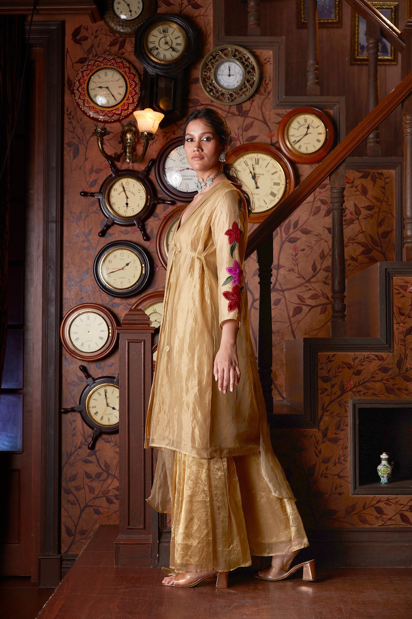 Gold Banarasi Silk Sharara With Velvet Applique Work by Chambray & Co. with Chambray & Co, Embroidered, Gold, Indian Wear, Natural, Party Wear, Regular Fit, Riwayat, Sharara and Gharara Sets, Silk, Womenswear at Kamakhyaa for sustainable fashion