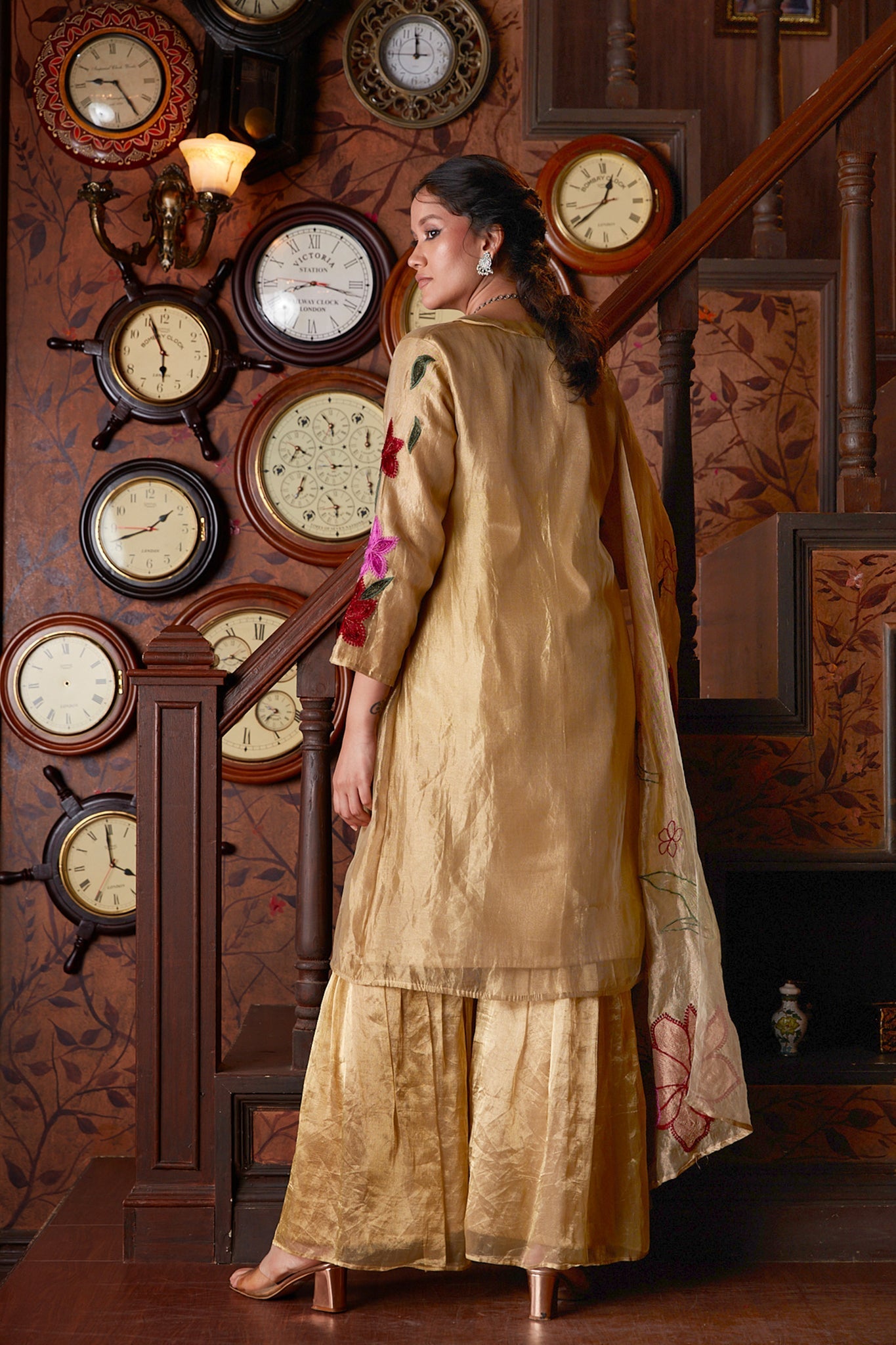 Gold Banarasi Silk Sharara With Velvet Applique Work by Chambray & Co. with Chambray & Co, Embroidered, Gold, Indian Wear, Natural, Party Wear, Regular Fit, Riwayat, Sharara and Gharara Sets, Silk, Womenswear at Kamakhyaa for sustainable fashion