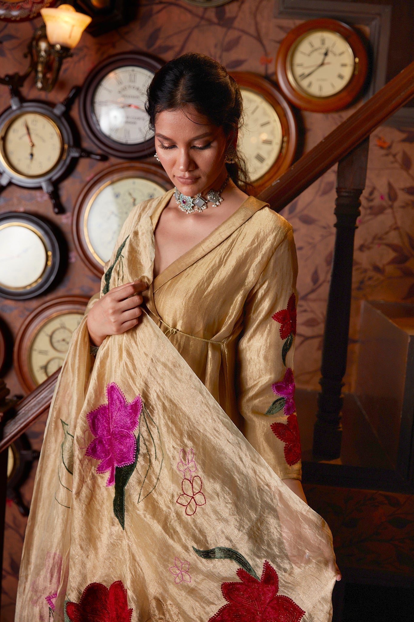 Gold Banarasi Silk Sharara With Velvet Applique Work by Chambray & Co. with Chambray & Co, Embroidered, Gold, Indian Wear, Natural, Party Wear, Regular Fit, Riwayat, Sharara and Gharara Sets, Silk, Womenswear at Kamakhyaa for sustainable fashion