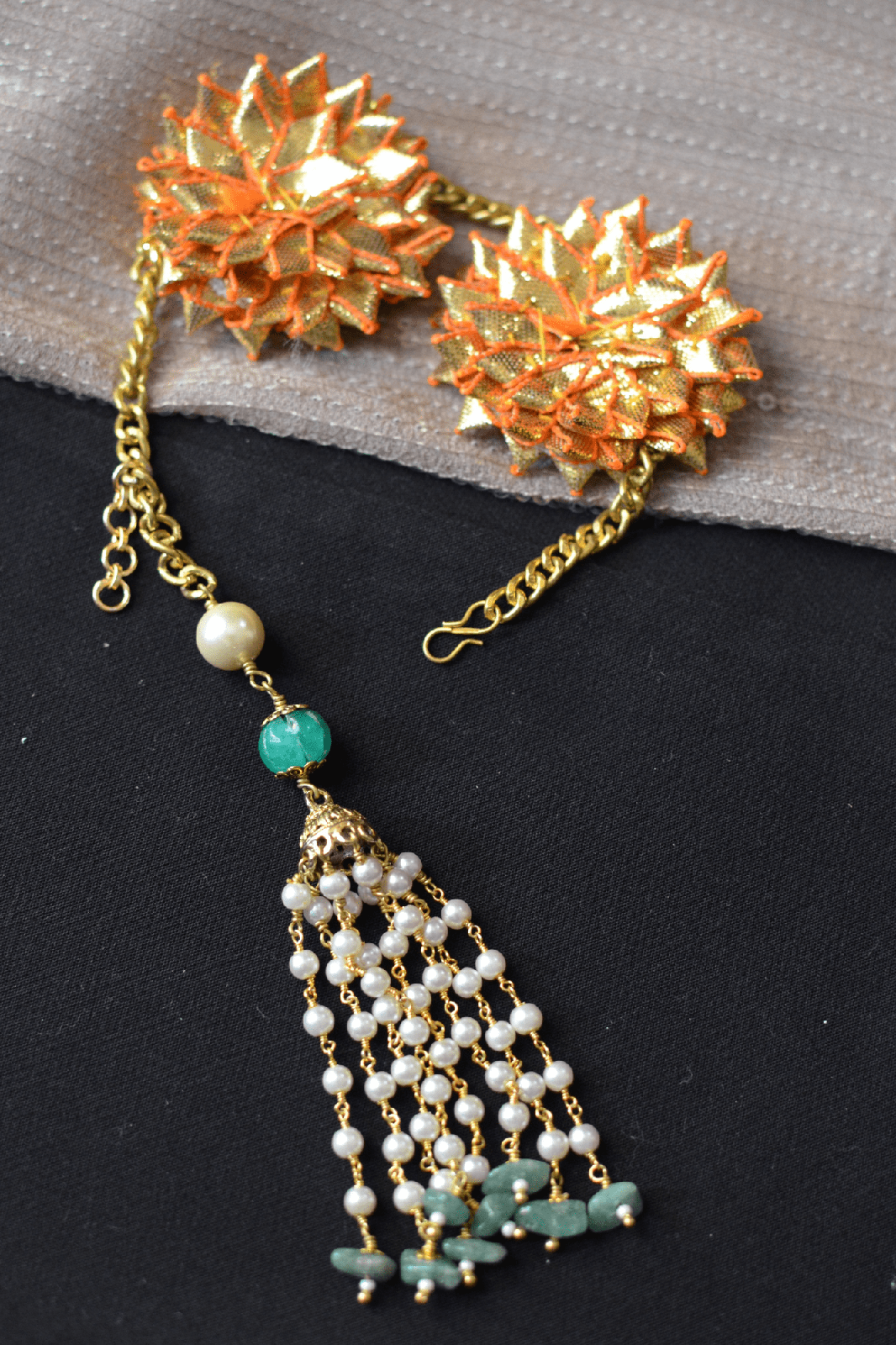 Gold Bracelet Gota Tassel by House Of Heer with Add Ons, Alloy Metal, Bracelets, Festive Jewellery, Festive Wear, Free Size, Gemstone, Gold, jewelry, July Sale, July Sale 2023, Less than $50, Natural, Pearl, Textured at Kamakhyaa for sustainable fashion