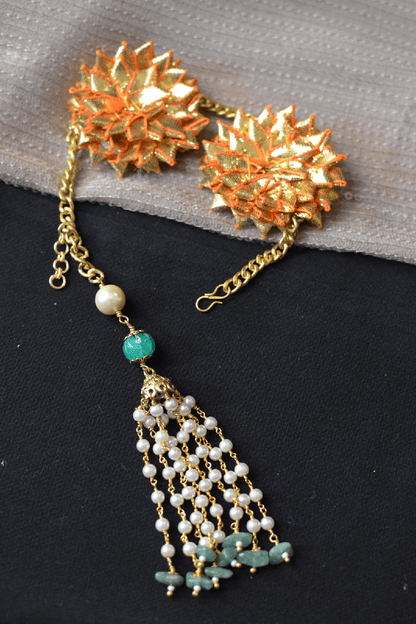 Gold Bracelet Gota Tassel by House Of Heer with Add Ons, Alloy Metal, Bracelets, Festive Jewellery, Festive Wear, Free Size, Gemstone, Gold, jewelry, July Sale, July Sale 2023, Less than $50, Natural, Pearl, Textured at Kamakhyaa for sustainable fashion