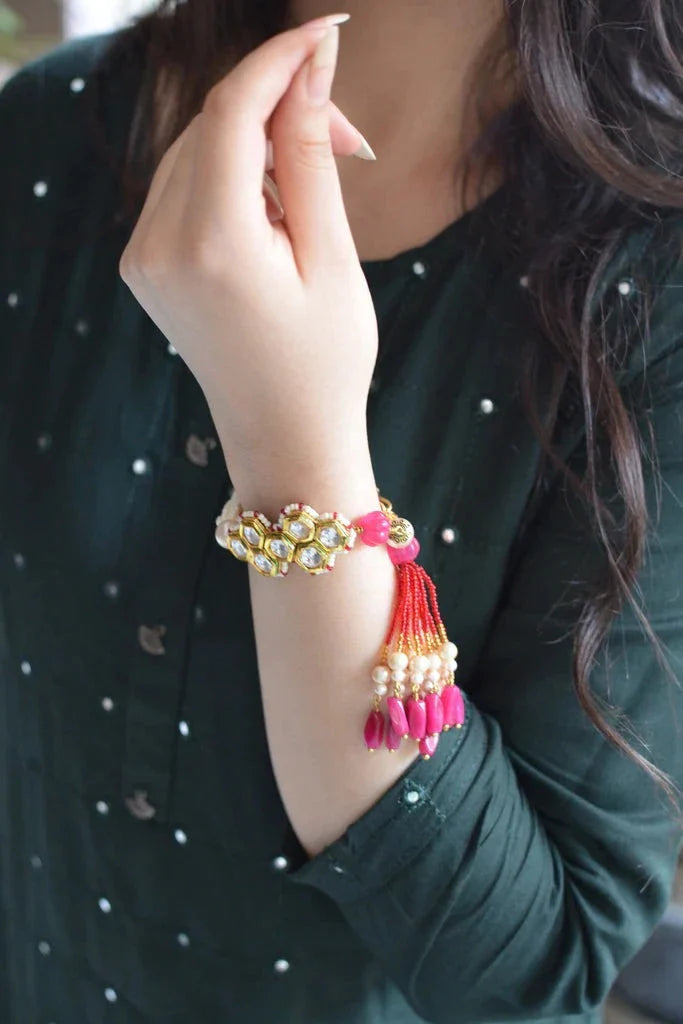 Red Bracelet Kashti Tassel by House Of Heer with Add Ons, Alloy Metal, Bracelets, Festive Jewellery, Festive Wear, Free Size, jewelry, July Sale, July Sale 2023, Less than $50, Natural, Pearl, Red, Textured at Kamakhyaa for sustainable fashion