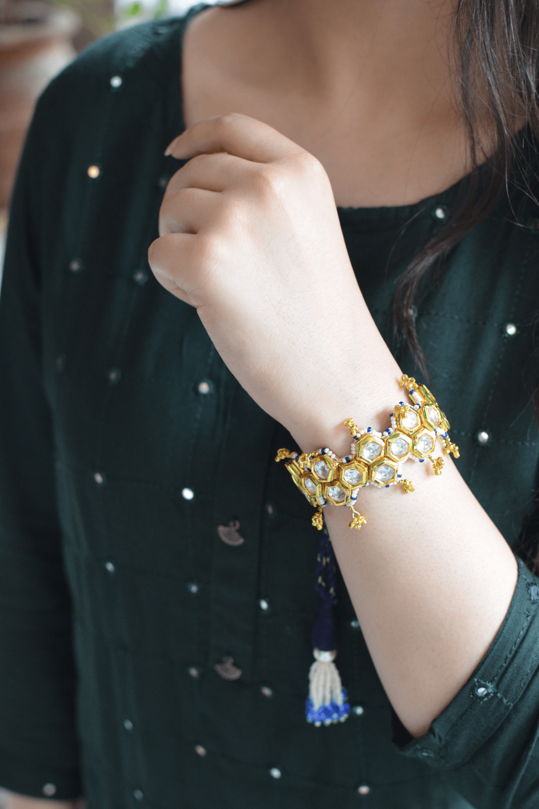 Blue Honeycomb Pochi Bracelet by House Of Heer with Alloy Metal, Bracelets, Festive Wear, Free Size, jewelry, Multicolor, Natural, rakhis & lumbas, Textured at Kamakhyaa for sustainable fashion