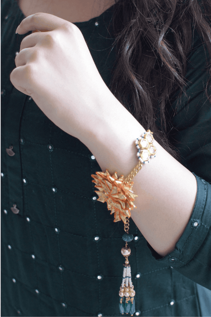 Gota Polki Bracelet by House Of Heer with Alloy Metal, Beaded Jewellery, Bracelets, Festive Wear, Free Size, Gemstone, jewelry, Multicolor, Natural, Pearl, Polkis, rakhis & lumbas, Textured at Kamakhyaa for sustainable fashion