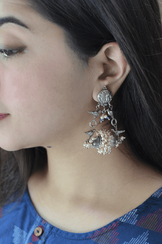 Bird Feeder Earrings by House Of Heer with Festive Jewellery, Festive Wear, Free Size, Handcrafted, jewelry, Jhumkas, July Sale, July Sale 2023, Long Earrings, Mix metal, Multicolor, Natural, Pearl, Silver, Solids, Textured at Kamakhyaa for sustainable fashion