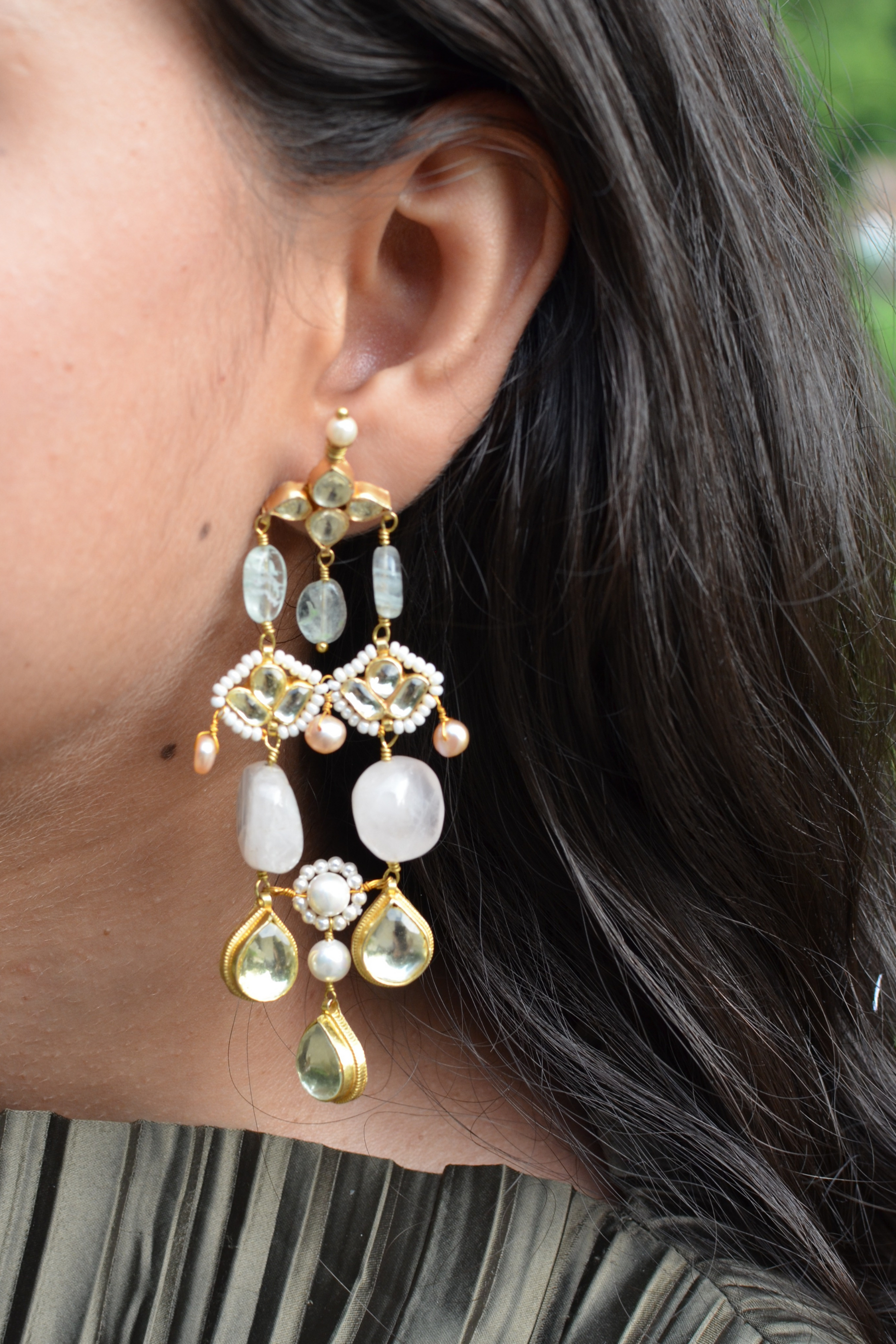 Kumudini Earrings by House Of Heer with Alloy Metal, Brass, Earrings, Festive Jewellery, Festive Wear, Free Size, Gold, Handcrafted Jewellery, jewelry, July Sale, July Sale 2023, Long Earrings, Natural, Polkis, Textured, Vaaruni Gold, White at Kamakhyaa for sustainable fashion