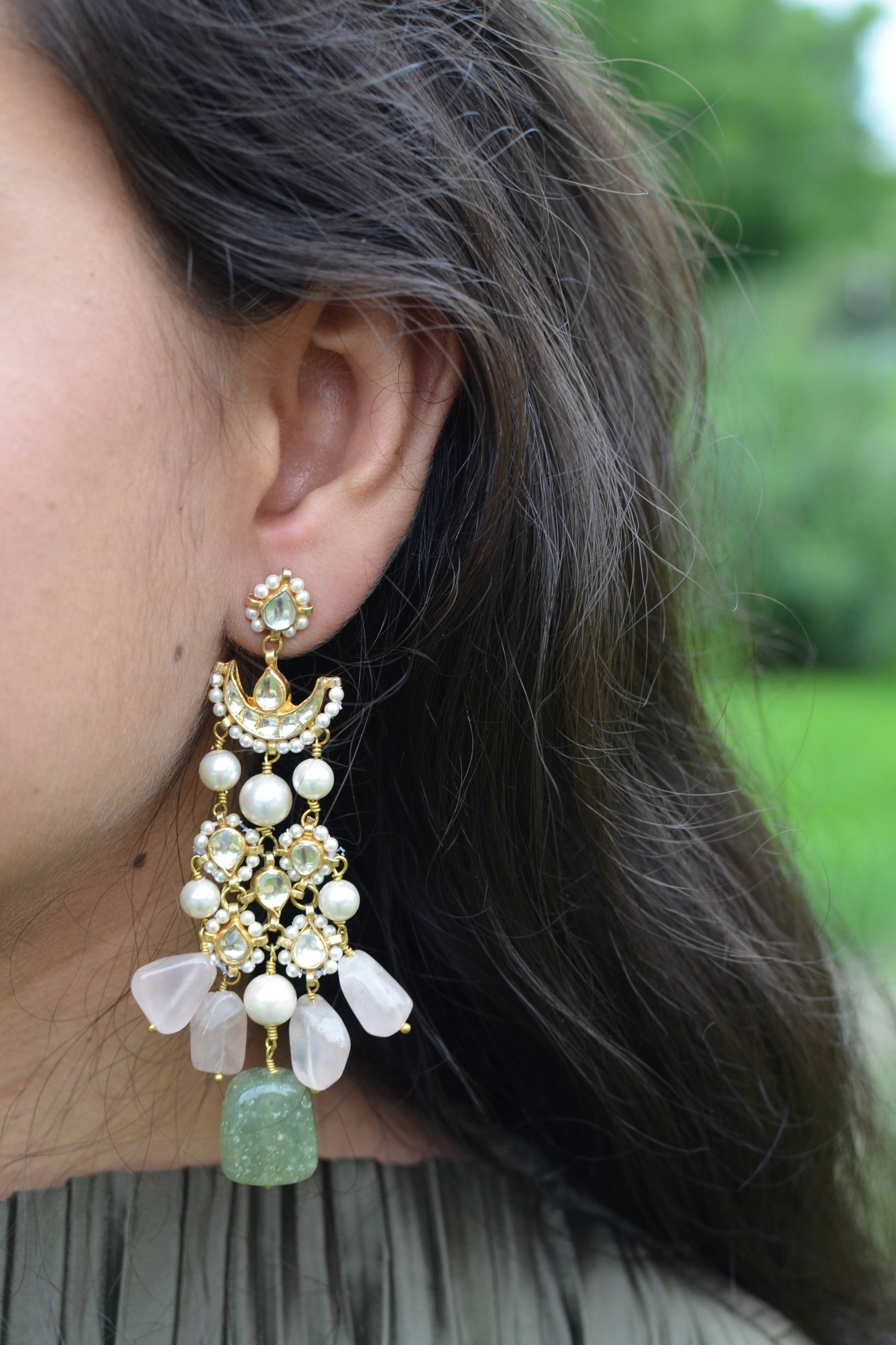 Pathhari Jaali Earrings by House Of Heer with Alloy Metal, Brass, Earrings, Festive Jewellery, Festive Wear, Free Size, Gold, Green, Handcrafted Jewellery, jewelry, July Sale, July Sale 2023, Long Earrings, Natural, Pearl, Pink, Polkis, Textured, Vaaruni Gold, White at Kamakhyaa for sustainable fashion