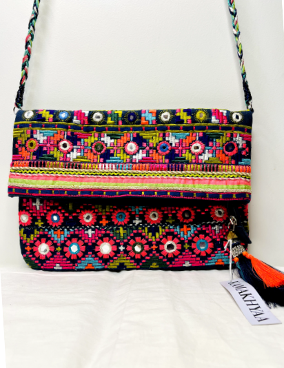 Multicolor Mirror Tassel Sling Bag by Discarded Fresh Bags with Beads, Casual Wear, Cotton, Made from Natural Materials, Mirror Work, Multicolor, Sling Bags, White, Women Led Designer at Kamakhyaa for sustainable fashion
