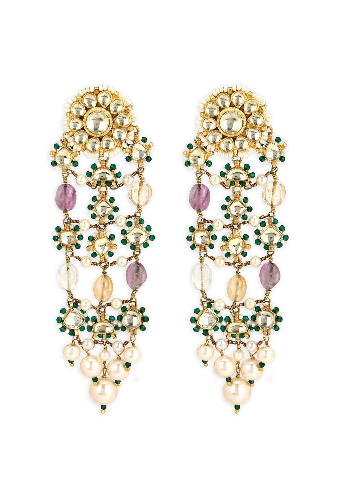 Multi ColourLong Earrings Polki Jaali by House Of Heer with Festive Jewellery, Festive Wear, Free Size, jewelry, July Sale, July Sale 2023, Long Earrings, Mix metal, Multicolor, Natural, Pearl, Polkis, Solids at Kamakhyaa for sustainable fashion