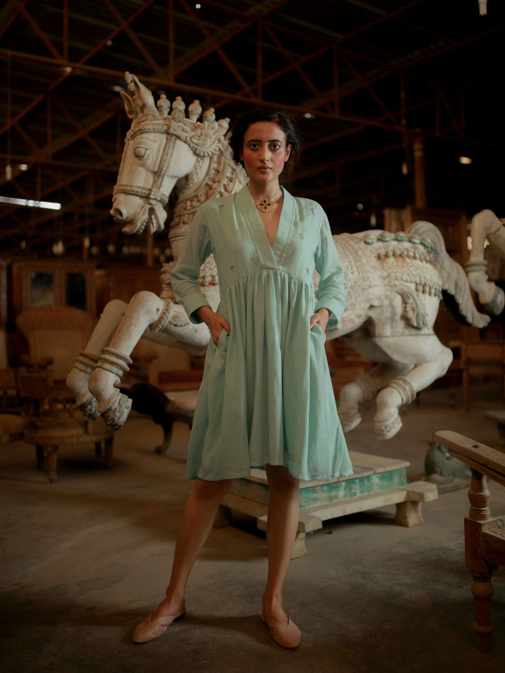 Green Midi Dress by The Loom Art with Green, July Sale, July Sale 2023, Mini Dresses, Natural, Party Wear, Regular Fit, Solids, Vintage Summer by The Loom Art, Womenswear at Kamakhyaa for sustainable fashion