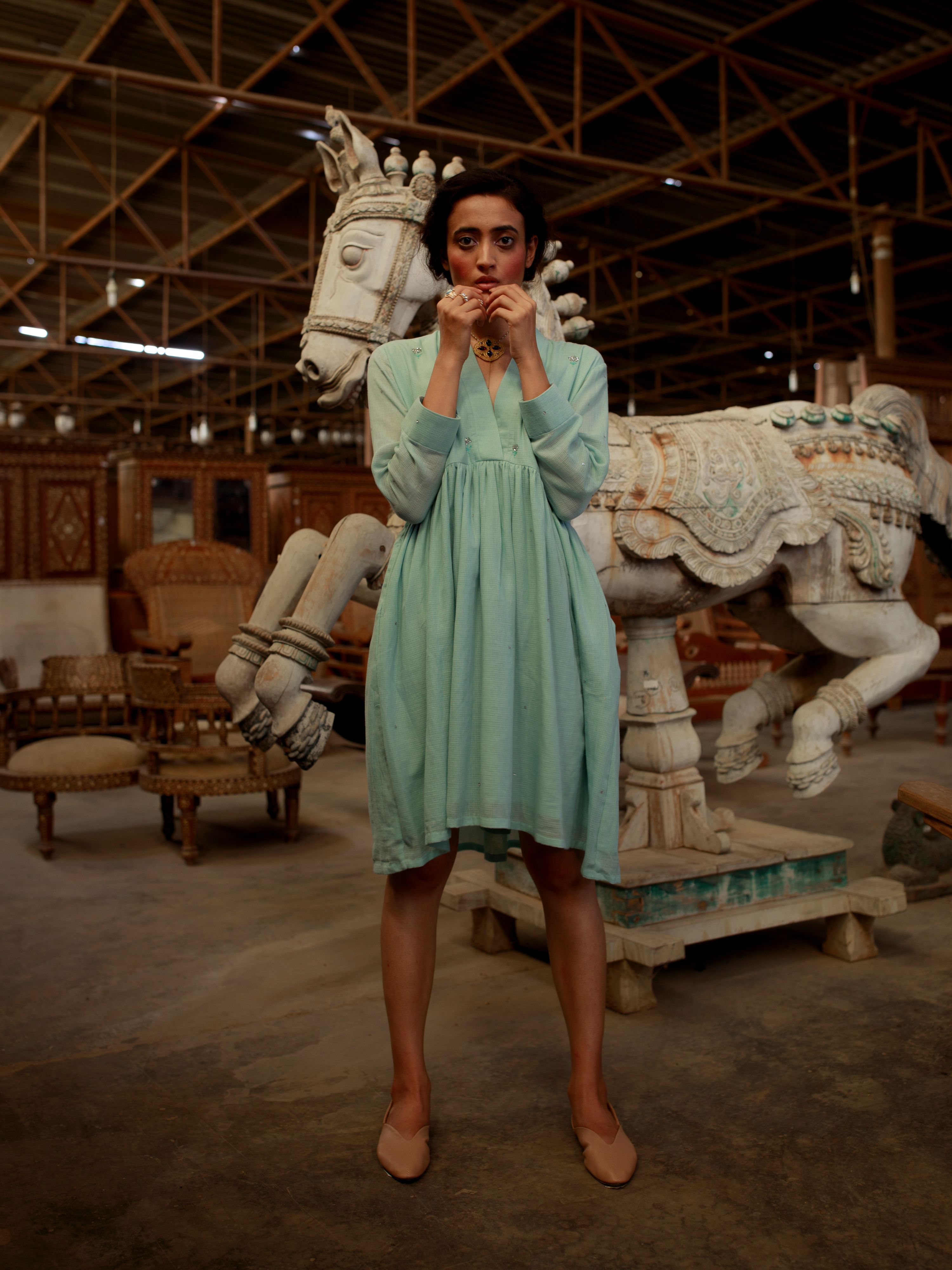 Green Midi Dress by The Loom Art with Green, July Sale, July Sale 2023, Mini Dresses, Natural, Party Wear, Regular Fit, Solids, Vintage Summer by The Loom Art, Womenswear at Kamakhyaa for sustainable fashion