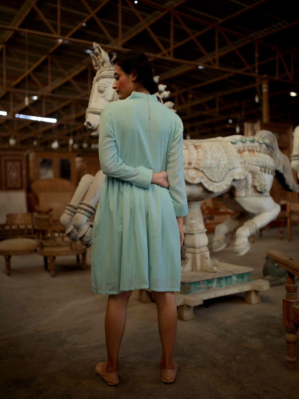 Green Midi Dress by The Loom Art with Green, July Sale, July Sale 2023, Mini Dresses, Natural, Party Wear, Regular Fit, Solids, Vintage Summer by The Loom Art, Womenswear at Kamakhyaa for sustainable fashion