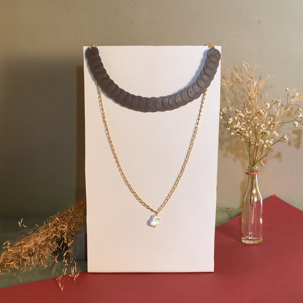 Venn Neckpiece by Noupelle with Casual Wear, Free Size, Grey, Less than $50, Necklaces, Upcycled, Upcycled from Leather Waste, Women Led Designer at Kamakhyaa for sustainable fashion