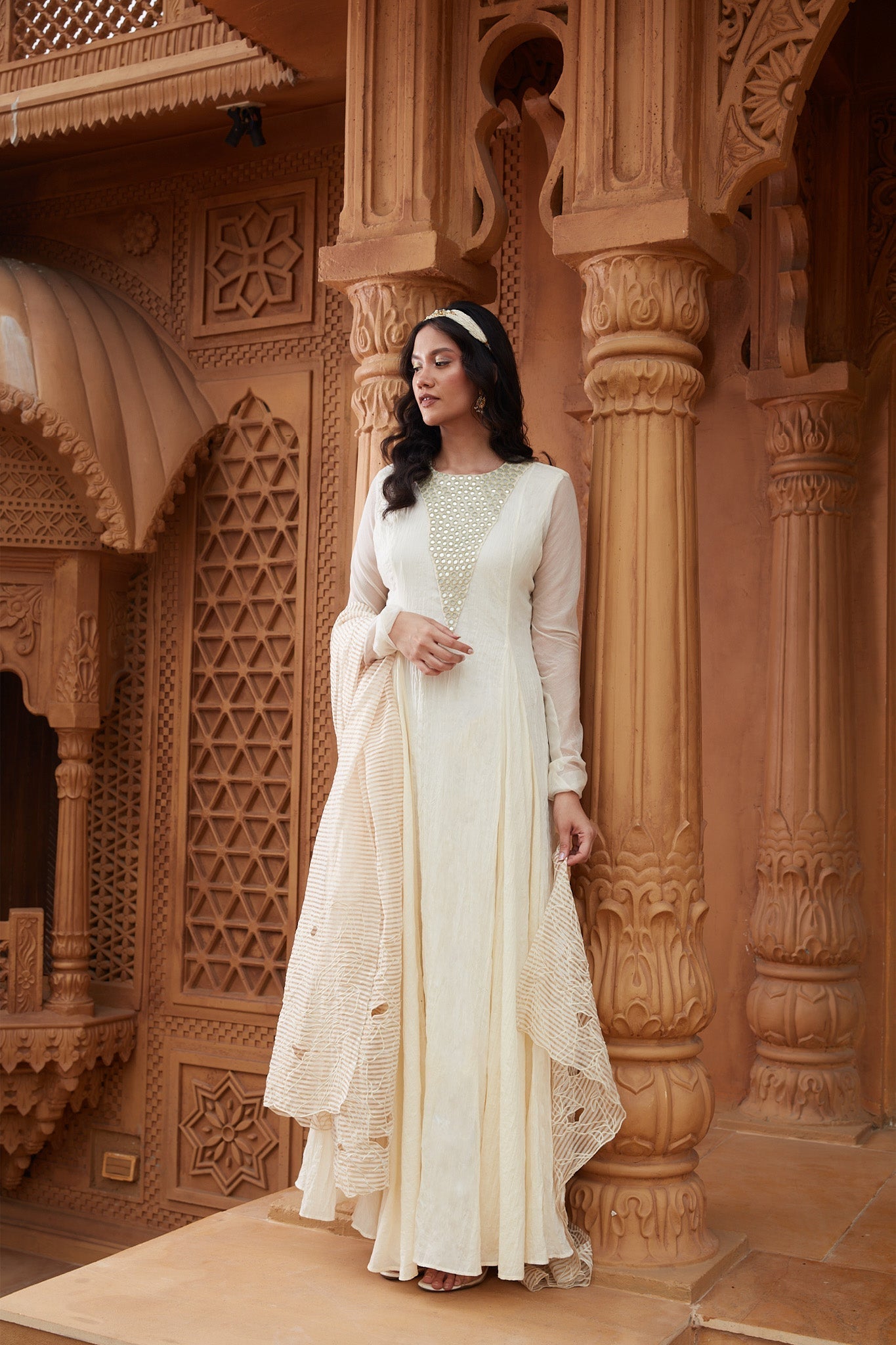 White Chanderi Silk Dress Set