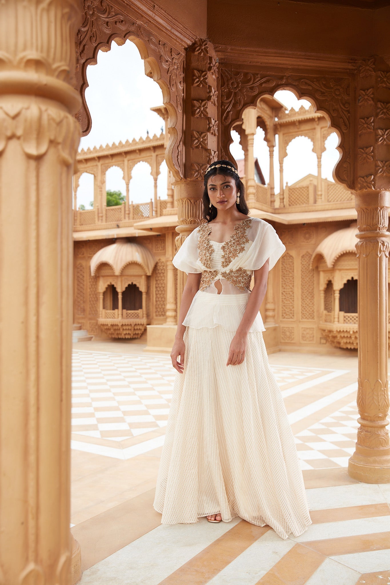 White And Gold Banarasi Lehenga Set by Chambray & Co. with Chambray & Co, Embroidered, Gold, Indian Wear, Lehenga Sets, Natural, Party Wear, Regular Fit, Riwayat, Silk, White, Womenswear at Kamakhyaa for sustainable fashion