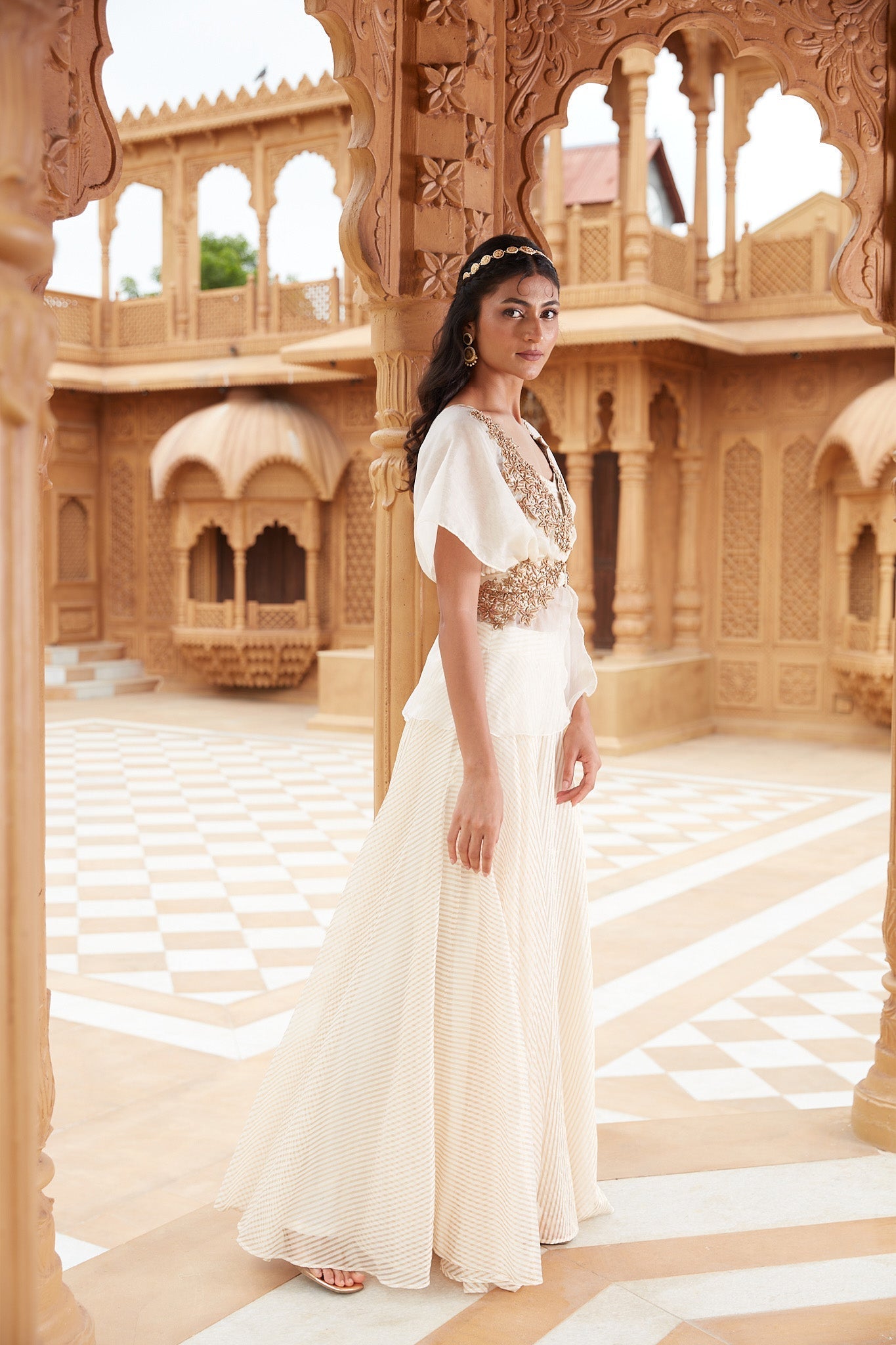 White And Gold Banarasi Lehenga Set by Chambray & Co. with Chambray & Co, Embroidered, Gold, Indian Wear, Lehenga Sets, Natural, Party Wear, Regular Fit, Riwayat, Silk, White, Womenswear at Kamakhyaa for sustainable fashion