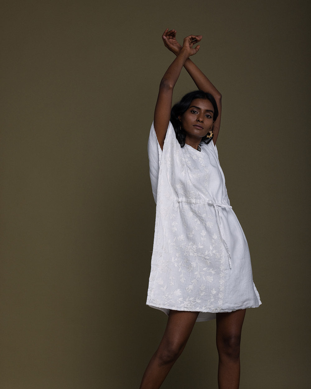 White August Breeze Kaftan Dress - Coconut White by Reistor with Best Selling, Casual Wear, Embroidered, Hemp, Hemp by Reistor, Kaftans, Mini Dresses, Natural, Solid Selfmade, White, Womenswear at Kamakhyaa for sustainable fashion