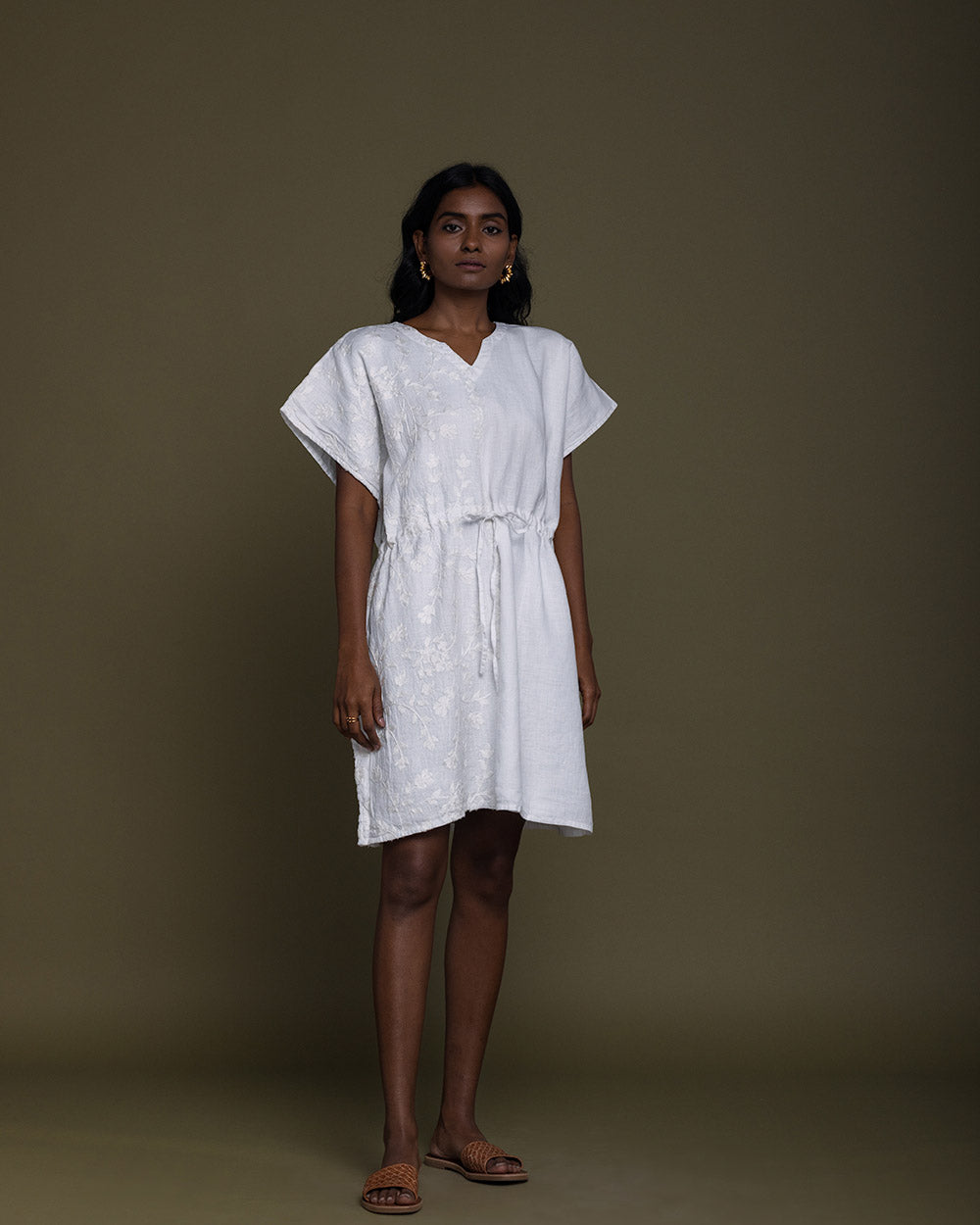 White August Breeze Kaftan Dress - Coconut White by Reistor with Best Selling, Casual Wear, Embroidered, Hemp, Hemp by Reistor, Kaftans, Mini Dresses, Natural, Solid Selfmade, White, Womenswear at Kamakhyaa for sustainable fashion