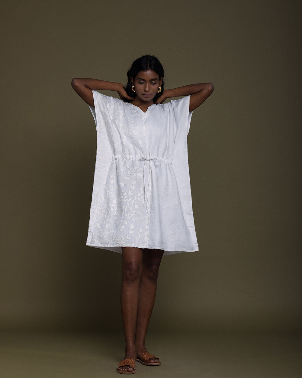 White August Breeze Kaftan Dress - Coconut White by Reistor with Best Selling, Casual Wear, Embroidered, Hemp, Hemp by Reistor, Kaftans, Mini Dresses, Natural, Solid Selfmade, White, Womenswear at Kamakhyaa for sustainable fashion