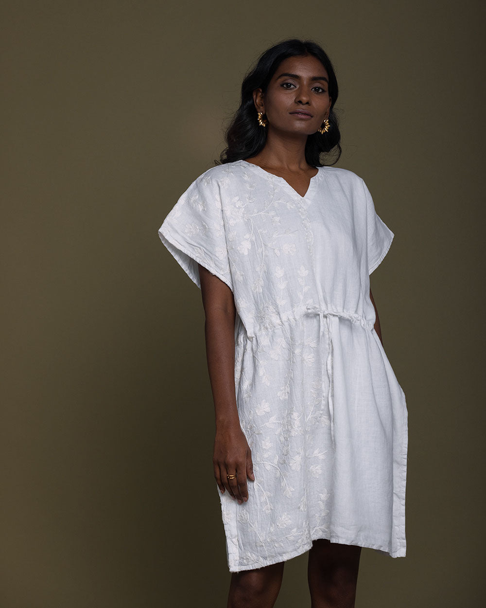 White August Breeze Kaftan Dress - Coconut White by Reistor with Best Selling, Casual Wear, Embroidered, Hemp, Hemp by Reistor, Kaftans, Mini Dresses, Natural, Solid Selfmade, White, Womenswear at Kamakhyaa for sustainable fashion