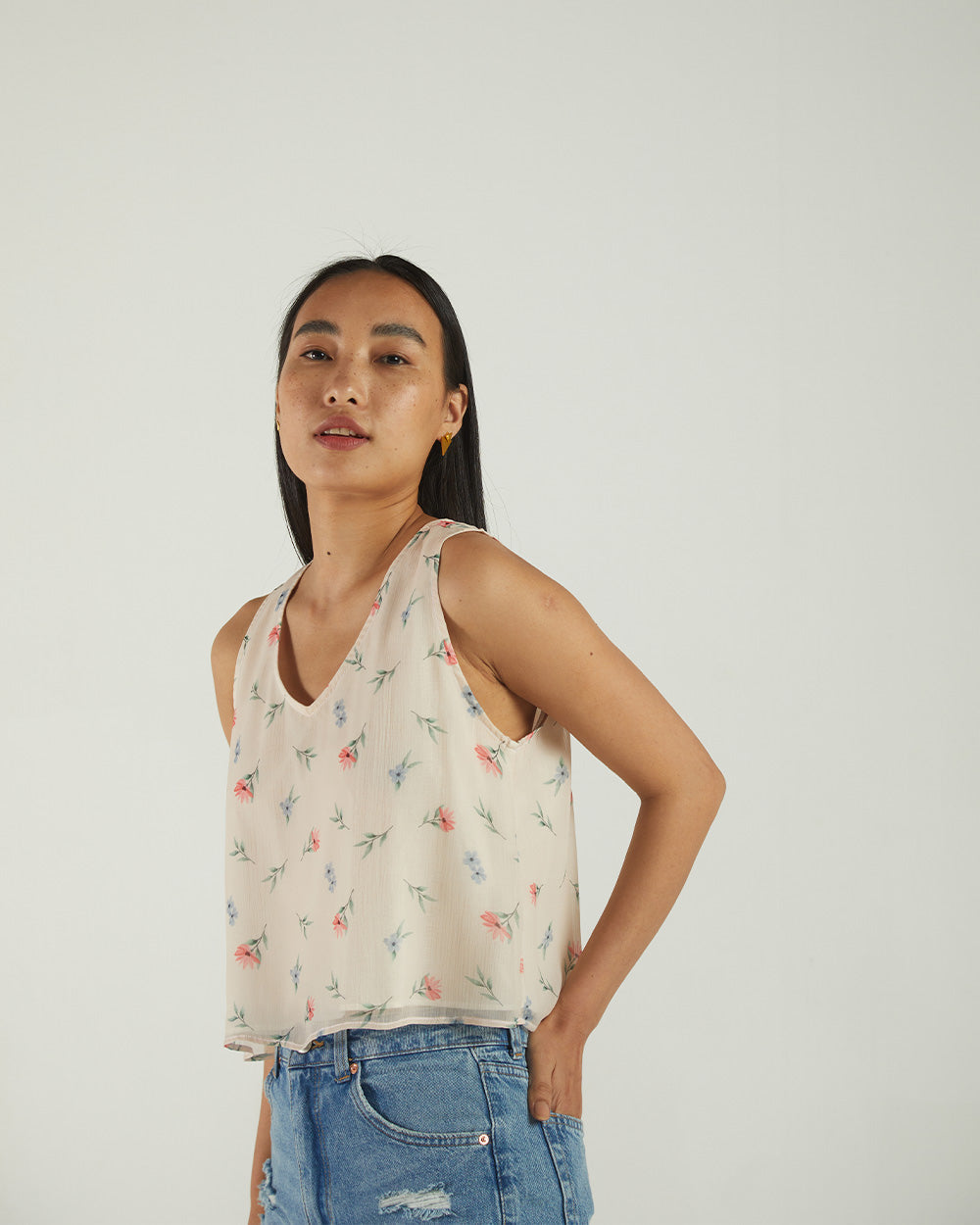 White Floral Sleeveless Crop Top by Reistor with A Summer Situation by Reistor, Archived, Bemberg, Casual Wear, Chiffon, Crop Tops, Natural, Prints, Tops, White, Womenswear at Kamakhyaa for sustainable fashion