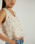 White Floral Sleeveless Crop Top by Reistor with A Summer Situation by Reistor, Archived, Bemberg, Casual Wear, Chiffon, Crop Tops, Natural, Prints, Tops, White, Womenswear at Kamakhyaa for sustainable fashion