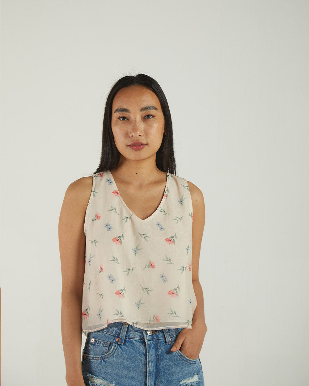 White Floral Sleeveless Crop Top by Reistor with A Summer Situation by Reistor, Archived, Bemberg, Casual Wear, Chiffon, Crop Tops, Natural, Prints, Tops, White, Womenswear at Kamakhyaa for sustainable fashion