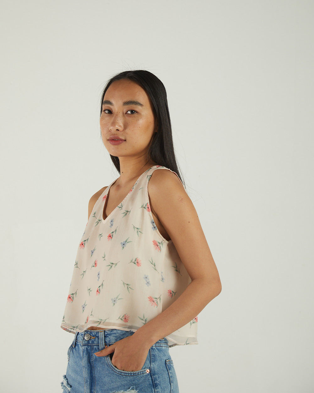 White Floral Sleeveless Crop Top by Reistor with A Summer Situation by Reistor, Archived, Bemberg, Casual Wear, Chiffon, Crop Tops, Natural, Prints, Tops, White, Womenswear at Kamakhyaa for sustainable fashion