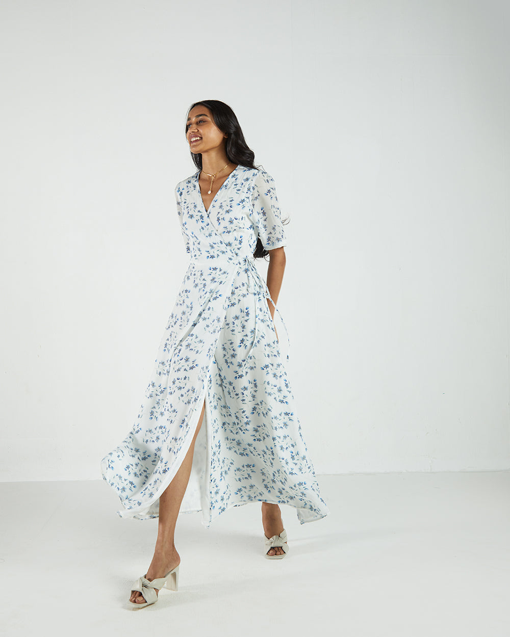 White Floral Wrap Dress by Reistor with A Summer Situation by Reistor, Bemberg, Casual Wear, FB ADS JUNE, Natural, Printed Selfsame, Prints, White, Womenswear, Wrap Dresses at Kamakhyaa for sustainable fashion