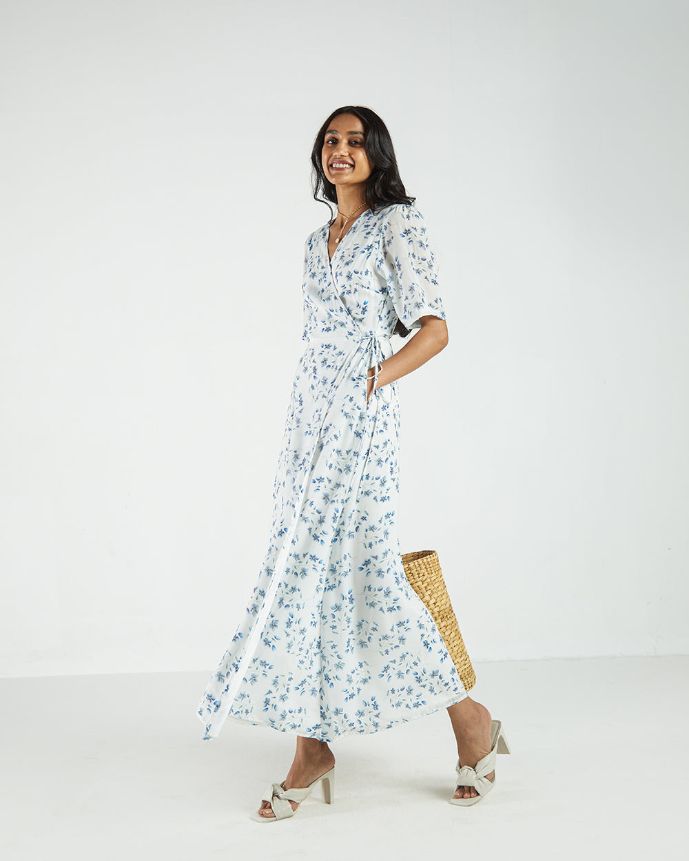 White Floral Wrap Dress by Reistor with A Summer Situation by Reistor, Bemberg, Casual Wear, FB ADS JUNE, Natural, Printed Selfsame, Prints, White, Womenswear, Wrap Dresses at Kamakhyaa for sustainable fashion